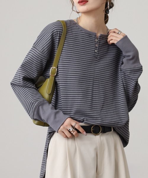 OMNES(オムネス)の「リブ裾ラウンドヘンリーネックプルオーバー長袖 Tシャツ(Tシャツ/カットソー・レディース・ホワイト×グレー/ベージュ系その他/ラベンダー/ホワイト×ブラック/アイボリー/グレー系その他/グレー系その他2・FREE)」の22枚目の写真