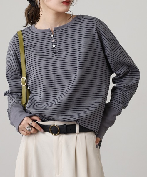 OMNES(オムネス)の「リブ裾ラウンドヘンリーネックプルオーバー長袖 Tシャツ(Tシャツ/カットソー・レディース・ホワイト×グレー/ベージュ系その他/ラベンダー/ホワイト×ブラック/アイボリー/グレー系その他/グレー系その他2・FREE)」の20枚目の写真