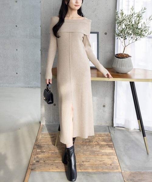 CLEAR BASIC（クリアベーシック）の「オフショル風ニットワンピース[大人 フェミニン 上品]≪AW新作≫（ワンピース・レディース・アイボリー/グレイッシュベージュ/杢グレー・F）」の3枚目の写真