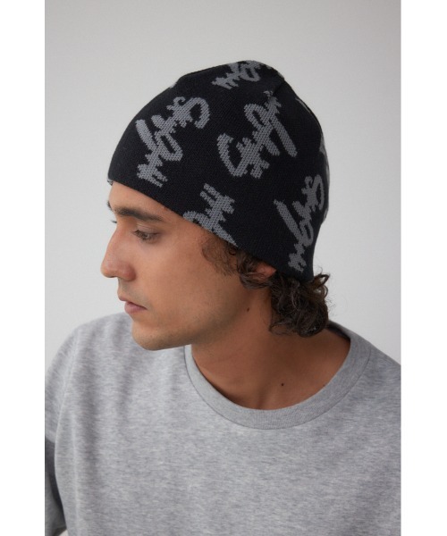 AZUL by moussy(アズールバイマウジー)の「総ロゴニット帽(ニットキャップ/ビーニー・メンズ・グレー/ブラック・FREE)」の3枚目の写真