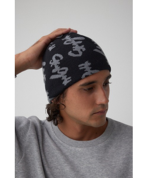 AZUL by moussy(アズールバイマウジー)の「総ロゴニット帽(ニットキャップ/ビーニー・メンズ・グレー/ブラック・FREE)」の4枚目の写真
