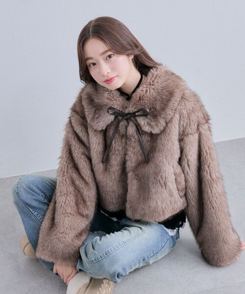 OLIVE des OLIVE（オリーブデオリーブ）の「リボン付きファーブルゾン（ブルゾン・レディース・オフホワイト/ベージュ/モカ・FREE）」の4枚目の写真