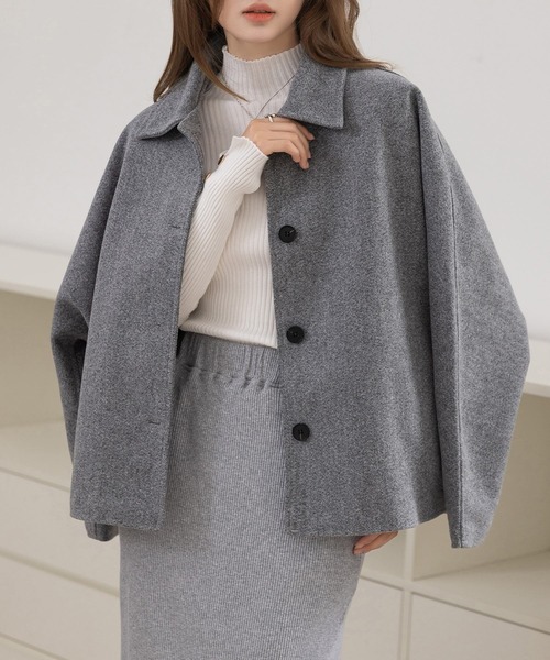 【美品】マルニ ドルマンスリーブ　ショートコート　グレー　38　レディース 裏キルティング/前後アシメで後ろ姿カバーアップ】長袖チェック襟