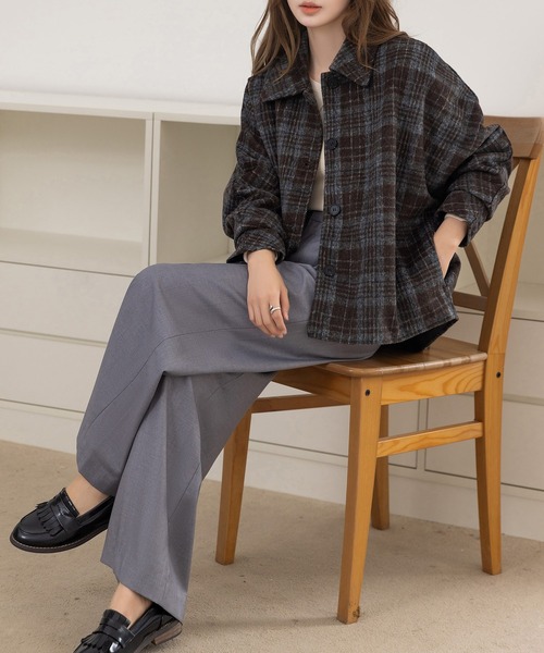 裏キルティング/前後アシメで後ろ姿カバーアップ】長袖チェック襟