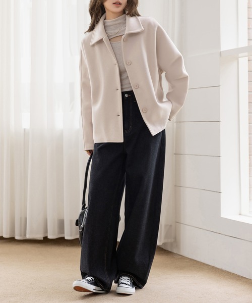 DAY CLOSET(デイ クローゼット)の「【裏キルティング/前後アシメで後ろ姿カバーアップ】長袖チェック襟ドルマンスリーブショートコート レディース(その他アウター・レディース・杢グレー/グレー/ピンク系その他/ブラウン・M/L)」の13枚目の写真