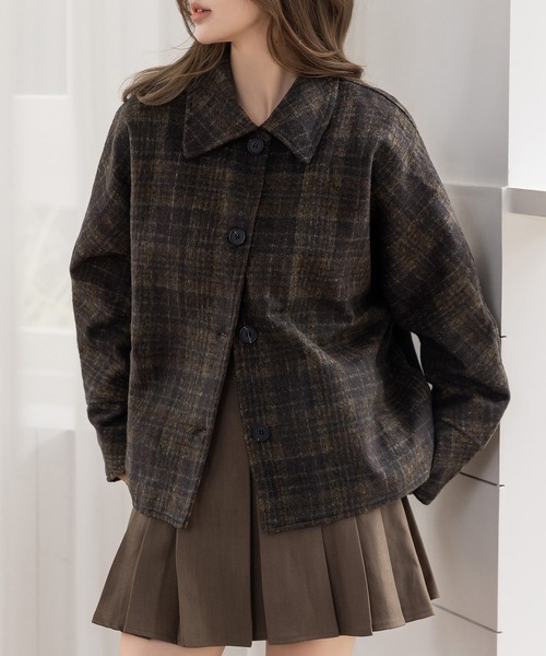 DAY CLOSET(デイ クローゼット)の「【裏キルティング/前後アシメで後ろ姿カバーアップ】長袖チェック襟ドルマンスリーブショートコート レディース(その他アウター・レディース・杢グレー/グレー/ピンク系その他/ブラウン・M/L)」の5枚目の写真