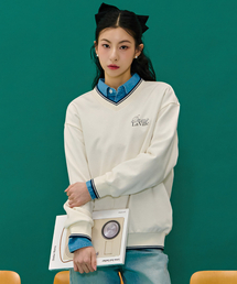 女性ティップ配色VネックスウェットTシャツ-アイボリー
