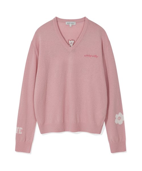 Women's Kiki Embroidered V-Neck Pullover Knit Pink（ニット