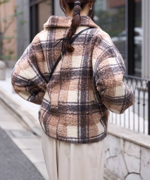 セール】チェック柄 ショート丈 ボリュームスリーブ ボアジャケット