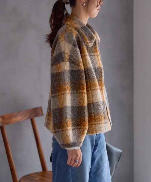 セール】チェック柄 ショート丈 ボリュームスリーブ ボアジャケット