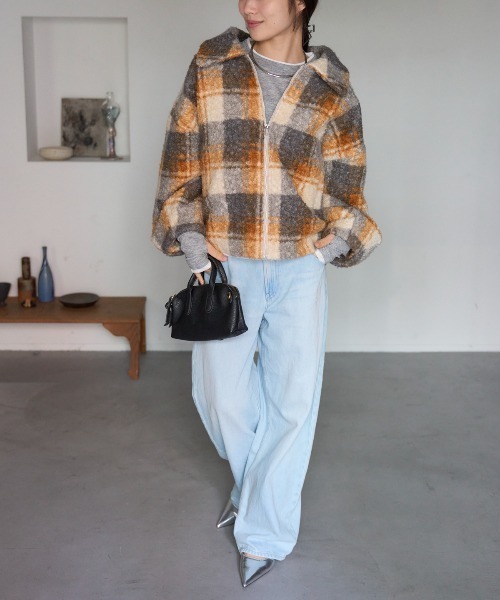 セール】チェック柄 ショート丈 ボリュームスリーブ ボアジャケット