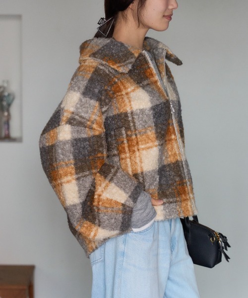 チェック柄 ショート丈 ボリュームスリーブ ボアジャケット（ブルゾン