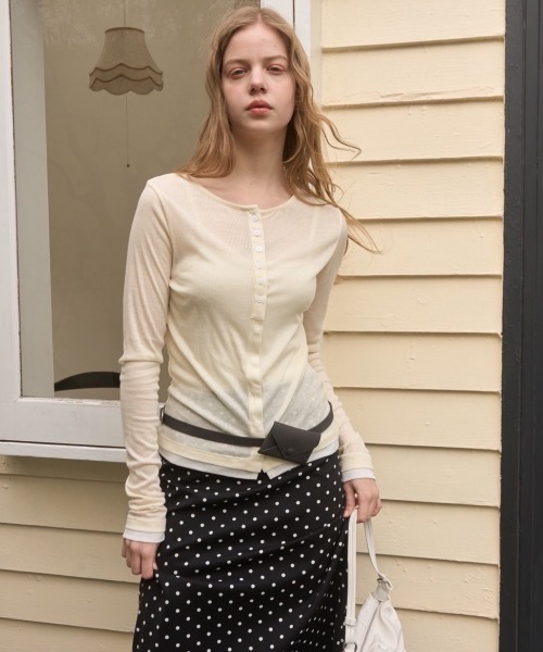 Birthday room（バースデイルーム）の「バイカラーシアーリブカーディガン/Two-tone sheer rib cardigan（カーディガン/ボレロ・レディース・チャコールグレー/イエロー/ピンク・FREE）」の9枚目の写真