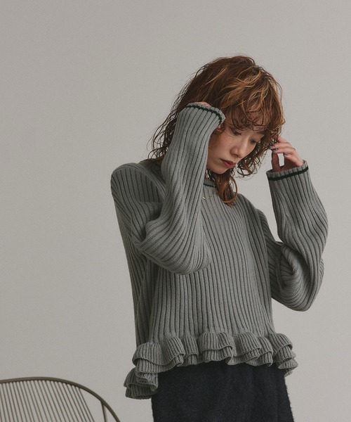 ad thie（アドティエ）の「フリルヘム ニットトップス（ニット/セーター・レディース・レッド/グレー/アイボリー・FREE）」の14枚目の写真