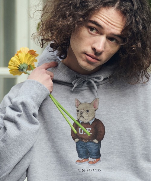 UN-FILLED（アンフィルド）の「mpa4033- UF DOG HOODIE パーカー（フレンチブルドッグ）(SDUF-2606FBD)（パーカー・メンズ・グレー/ホワイト・XL/L/M）」の2枚目の写真