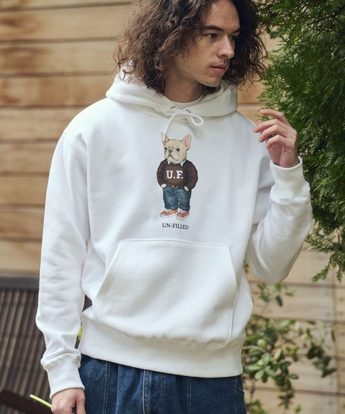 UN-FILLED（アンフィルド）の「mpa4033- UF DOG HOODIE パーカー（フレンチブルドッグ）(SDUF-2606FBD)（パーカー・メンズ・グレー/ホワイト・XL/L/M）」の3枚目の写真