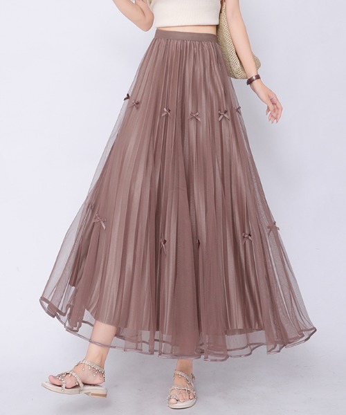 Mejoul（メジュール）の「【26年春夏新作】シアーチュール リボンプリーツロングスカート（スカート・レディース・ホワイト/ブラウン/ブラック・M/L）」の3枚目の写真