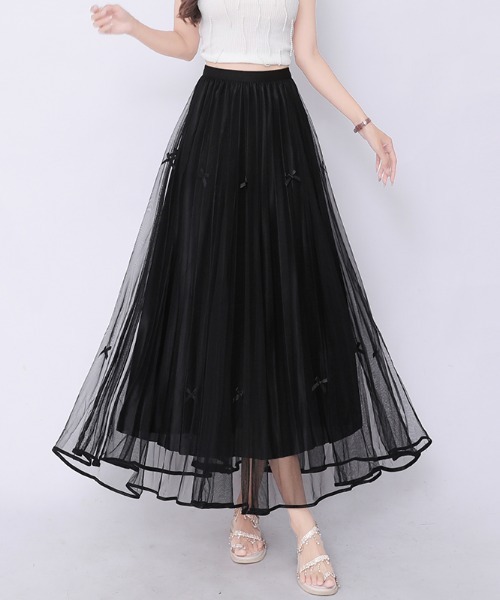 Mejoul（メジュール）の「【26年春夏新作】シアーチュール リボンプリーツロングスカート（スカート・レディース・ホワイト/ブラウン/ブラック・M/L）」の2枚目の写真