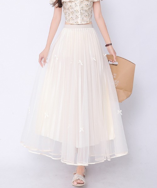 Mejoul（メジュール）の「【26年春夏新作】シアーチュール リボンプリーツロングスカート（スカート・レディース・ホワイト/ブラウン/ブラック・M/L）」の4枚目の写真