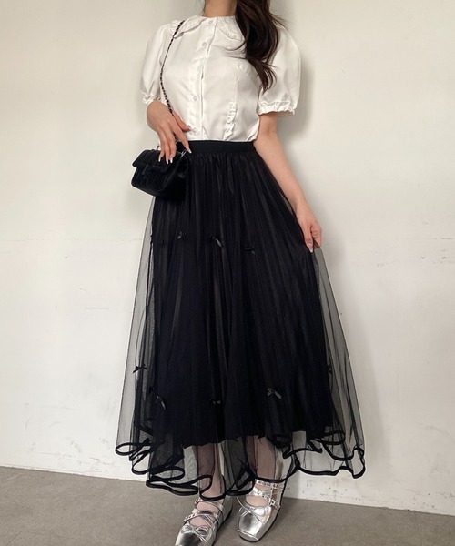 Mejoul（メジュール）の「【26年春夏新作】シアーチュール リボンプリーツロングスカート（スカート・レディース・ホワイト/ブラウン/ブラック・M/L）」の6枚目の写真