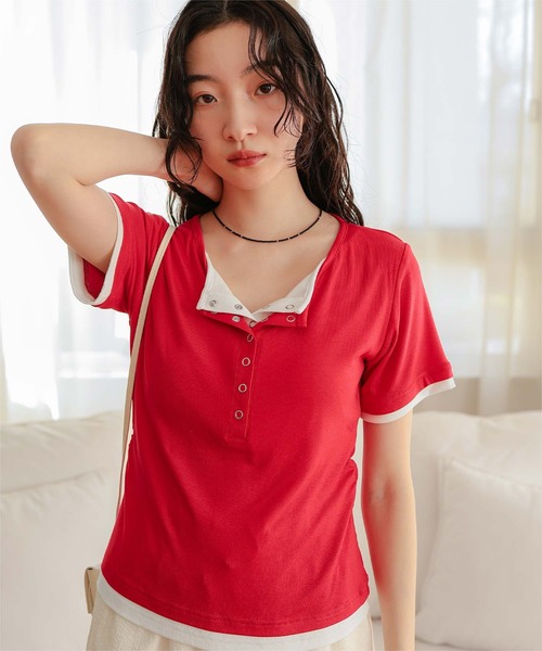 miette(ミエット)の「レイヤード風ヘンリーネック半袖トップス(Tシャツ/カットソー・レディース・レッド/オートミール/グレー/ブラック・L/M/S)」の4枚目の写真