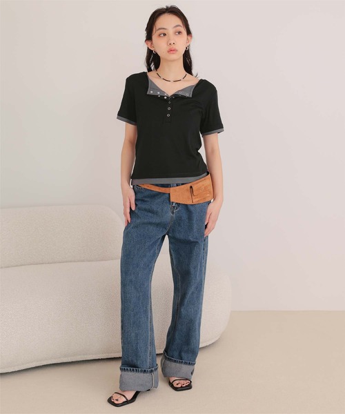 miette(ミエット)の「レイヤード風ヘンリーネック半袖トップス(Tシャツ/カットソー・レディース・レッド/オートミール/グレー/ブラック・L/M/S)」の10枚目の写真