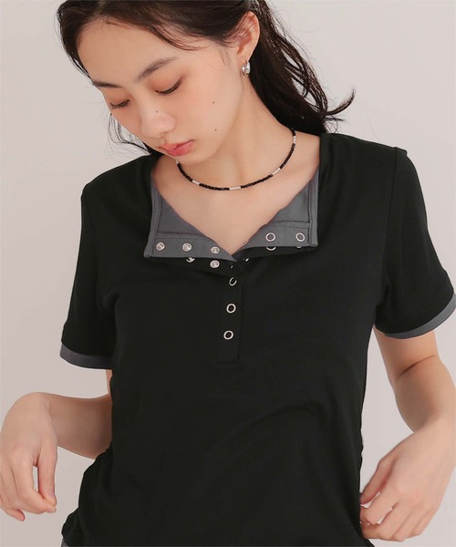 miette(ミエット)の「レイヤード風ヘンリーネック半袖トップス(Tシャツ/カットソー・レディース・レッド/オートミール/グレー/ブラック・L/M/S)」の7枚目の写真