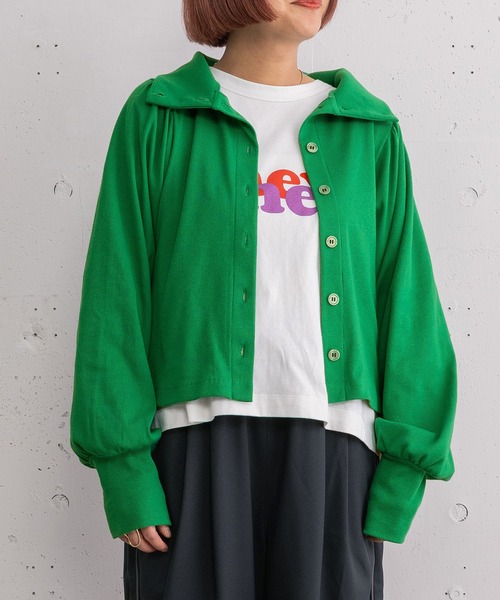 POU DOU DOU（プードゥドゥ）の「パフスリーブカーディガントップス（Tシャツ/カットソー・レディース・グリーン/オートミール/ブラック・3）」の3枚目の写真