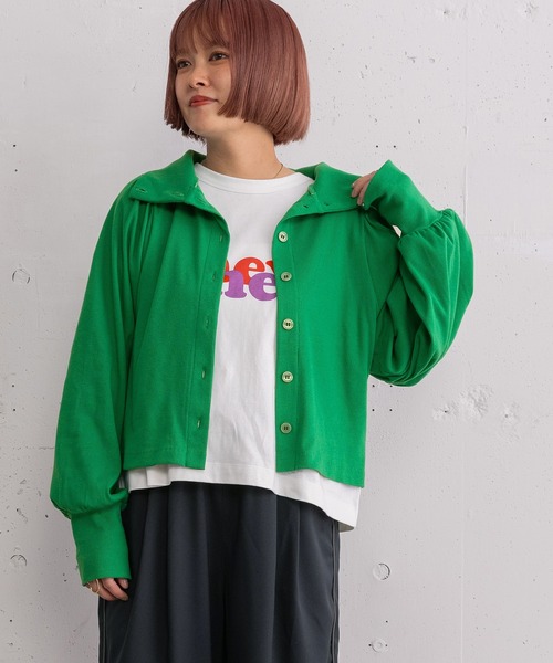 POU DOU DOU（プードゥドゥ）の「パフスリーブカーディガントップス（Tシャツ/カットソー・レディース・グリーン/オートミール/ブラック・3）」の14枚目の写真