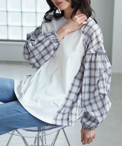 itto...(イット)の「チェック柄タック袖プルオーバー(Tシャツ/カットソー・レディース・オフホワイト/ブラック/ネイビー・FREE)」の2枚目の写真
