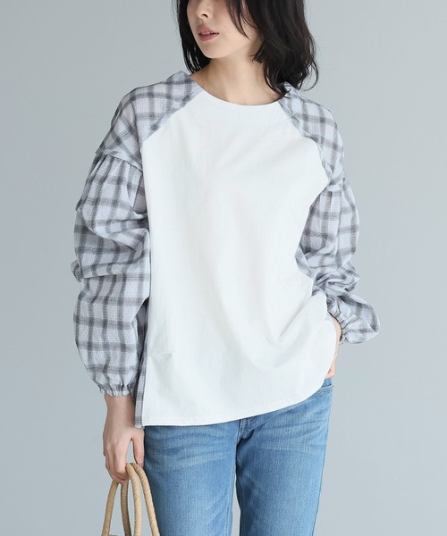 itto...(イット)の「チェック柄タック袖プルオーバー(Tシャツ/カットソー・レディース・オフホワイト/ブラック/ネイビー・FREE)」の4枚目の写真