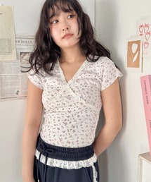 花柄フリルVネックミニTシャツ