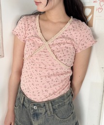 花柄フリルVネックミニTシャツ