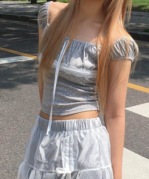 VIVID LADY(ビビッドレディー)の「ドット レース リボン クロップドトップス 半袖(Tシャツ/カットソー・レディース・ブラック/アイボリー/グレー・FREE)」の1枚目の写真