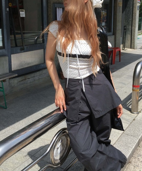 VIVID LADY(ビビッドレディー)の「ドット レース リボン クロップドトップス 半袖(Tシャツ/カットソー・レディース・ブラック/アイボリー/グレー・FREE)」の6枚目の写真