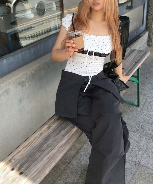 VIVID LADY(ビビッドレディー)の「ドット レース リボン クロップドトップス 半袖(Tシャツ/カットソー・レディース・ブラック/アイボリー/グレー・FREE)」の7枚目の写真