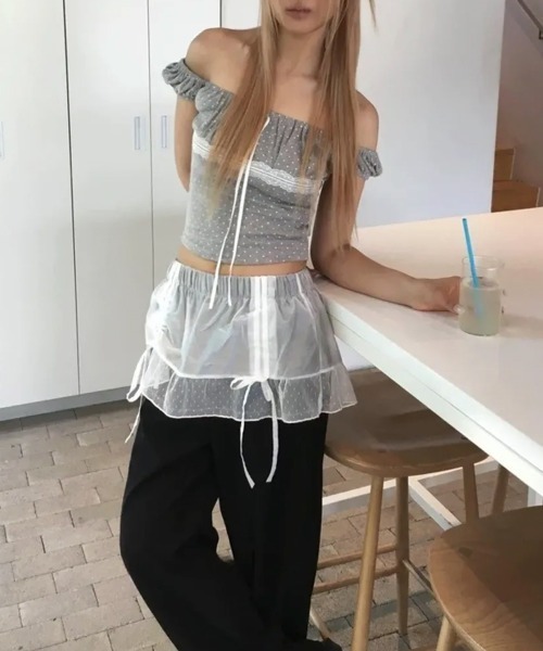 VIVID LADY(ビビッドレディー)の「ドット レース リボン クロップドトップス 半袖(Tシャツ/カットソー・レディース・ブラック/アイボリー/グレー・FREE)」の15枚目の写真
