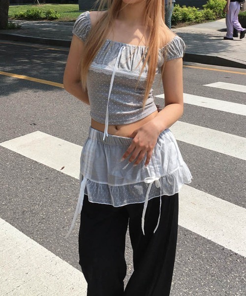VIVID LADY(ビビッドレディー)の「ドット レース リボン クロップドトップス 半袖(Tシャツ/カットソー・レディース・ブラック/アイボリー/グレー・FREE)」の17枚目の写真