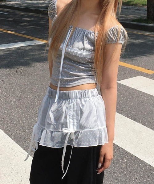 VIVID LADY(ビビッドレディー)の「ドット レース リボン クロップドトップス 半袖(Tシャツ/カットソー・レディース・ブラック/アイボリー/グレー・FREE)」の18枚目の写真