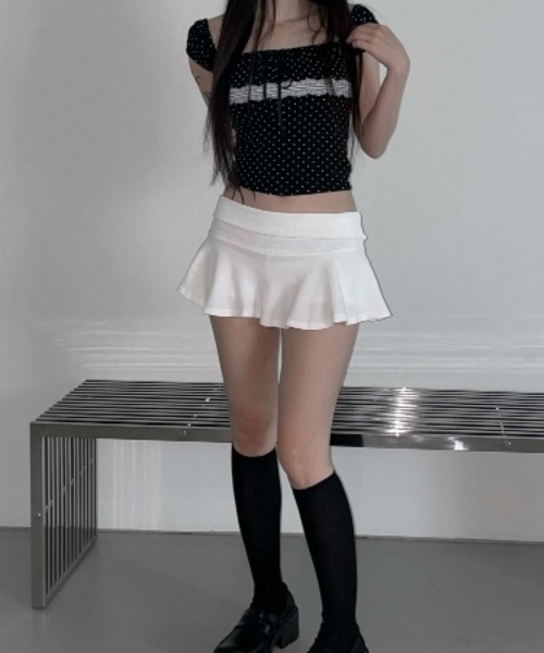 VIVID LADY(ビビッドレディー)の「ドット レース リボン クロップドトップス 半袖(Tシャツ/カットソー・レディース・ブラック/アイボリー/グレー・FREE)」の13枚目の写真