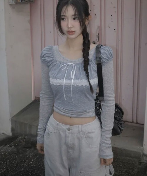 VIVID LADY(ビビッドレディー)の「ドット レース リボン クロップドトップス 半袖(Tシャツ/カットソー・レディース・ブラック/アイボリー/グレー・FREE)」の22枚目の写真
