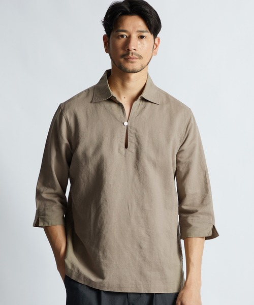 LANVIN en Bleu(ランバンオンブルー)の「コットン/リネン素材 7分袖 スキッパーシャツ(シャツ/ブラウス・メンズ・ベージュ/ネイビー/ブラック・46/52/50/48)」の6枚目の写真