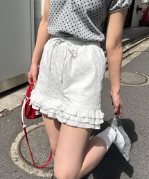 コットンレース裾ティアードショートパンツ