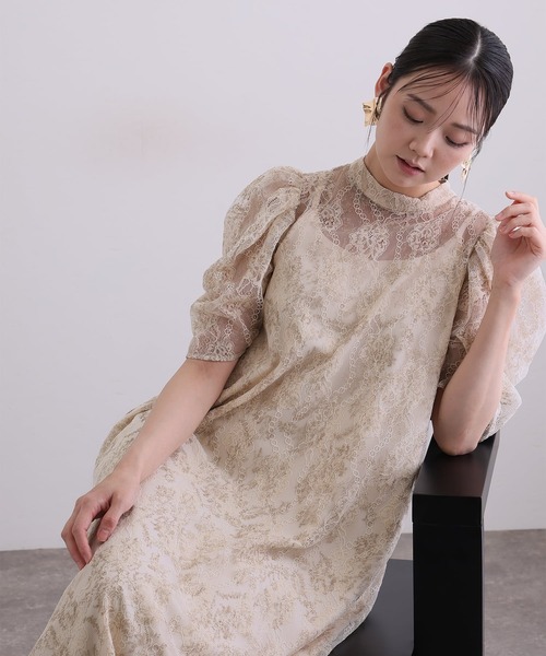 PourVous（プールヴー）の「ミモレ丈&七分袖 フォーマル ボリュームスリーブ Aライン シアー セレモニー 結婚式二次会 パーティードレス オケージョンドレス お呼ばれ 同窓会成人式（ドレス・レディース・グレー/ブラック/アイボリー・M）」の3枚目の写真