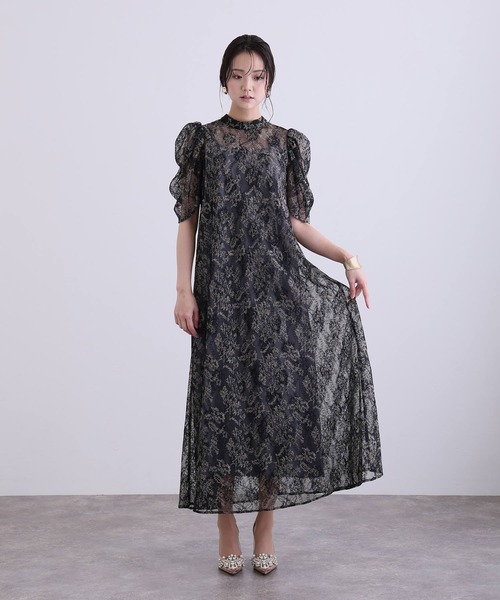PourVous（プールヴー）の「ミモレ丈&七分袖 フォーマル ボリュームスリーブ Aライン シアー セレモニー 結婚式二次会 パーティードレス オケージョンドレス お呼ばれ 同窓会成人式（ドレス・レディース・グレー/ブラック/アイボリー・M）」の4枚目の写真
