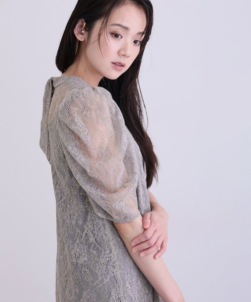 PourVous（プールヴー）の「ミモレ丈&七分袖 フォーマル ボリュームスリーブ Aライン シアー セレモニー 結婚式二次会 パーティードレス オケージョンドレス お呼ばれ 同窓会成人式（ドレス・レディース・グレー/ブラック/アイボリー・M）」の18枚目の写真