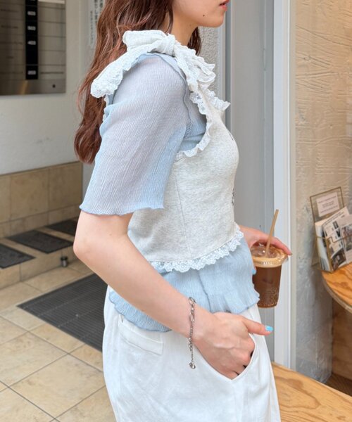 w closet（ダブルクローゼット）の「半袖シアー楊柳Tシャツ　夏服（シャツ/ブラウス・レディース・オフホワイト/サックスブルー/ピンク/ブラック・FREE）」の17枚目の写真