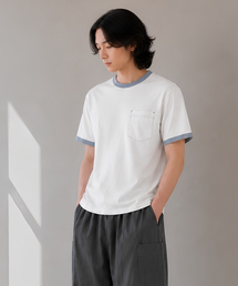 メンズソロナ配色リブ半袖Tシャツ CXS26MKRT507 WHI