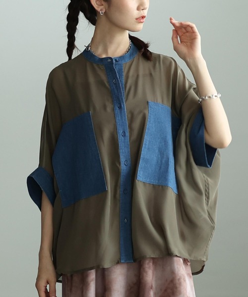 Sawa a la mode(サワアラモード)の「異素材シアードルマンブラウス(シャツ/ブラウス・レディース・カーキ/ブラック/チャコールグレー・FREE)」の3枚目の写真