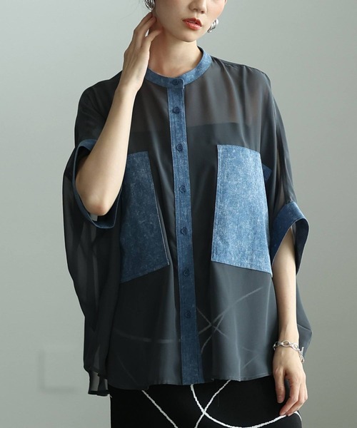 Sawa a la mode(サワアラモード)の「異素材シアードルマンブラウス(シャツ/ブラウス・レディース・カーキ/ブラック/チャコールグレー・FREE)」の1枚目の写真